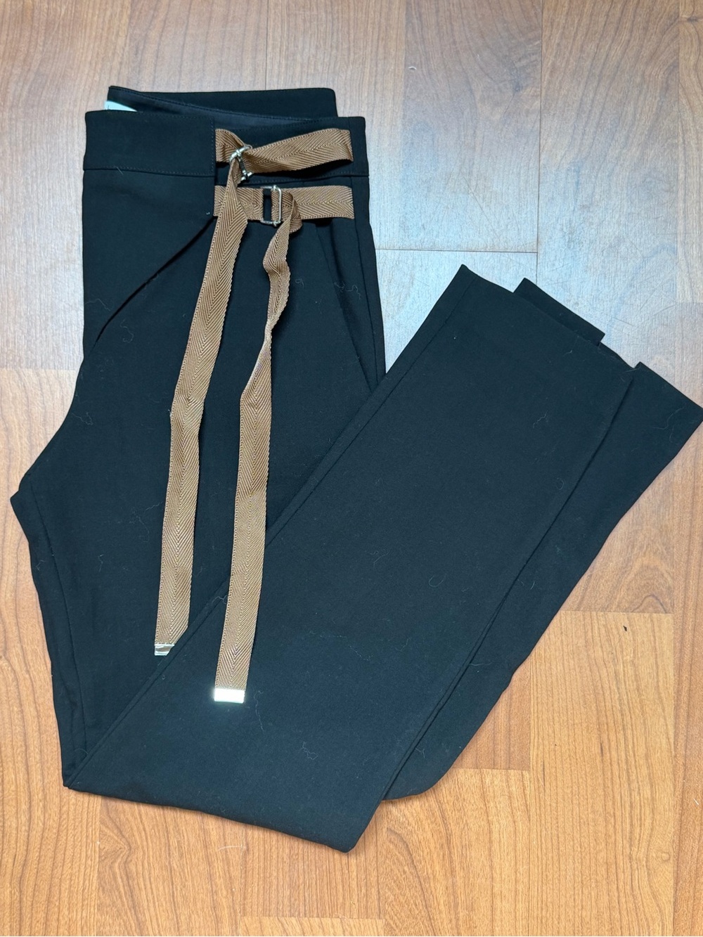 Tibi Black Straight-Leg Pants with Brown Tie Belt